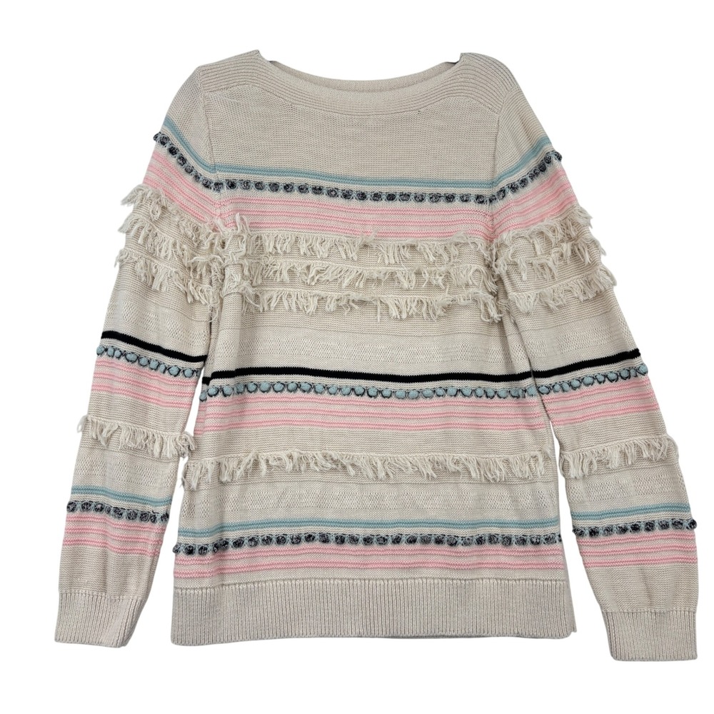 LOFT Fringe Sweater Size XL Cream Pink Blue Striped Pullover Cotton Knit Boho